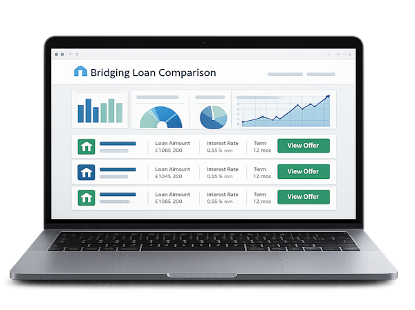 Bridging finance comparison dashboard showing loan rates, charts and UK property finance analytics